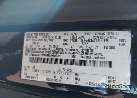 2017 Ford Transit-350 Xlt z USA, uszkodzony, nr VIN 1FBAX2CM8HKA60381